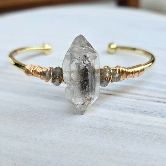 Herkimer Diamond Wire Wrap Cuff 14Kt Gold Over Copper Clarity Talisman Handmade - Picture 1 of 10